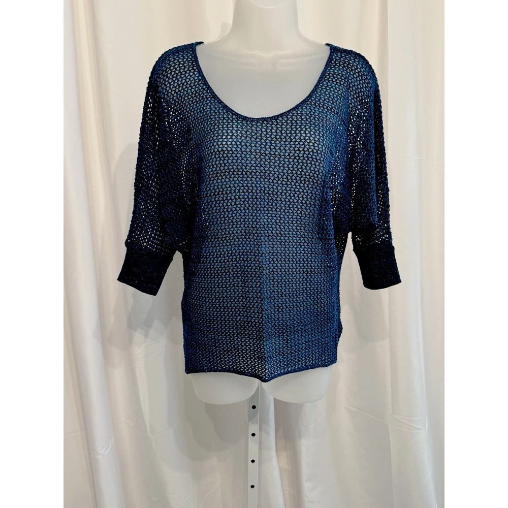 August Silk Blue Shimmer knit sweater batwing short sleeve Size M NWT